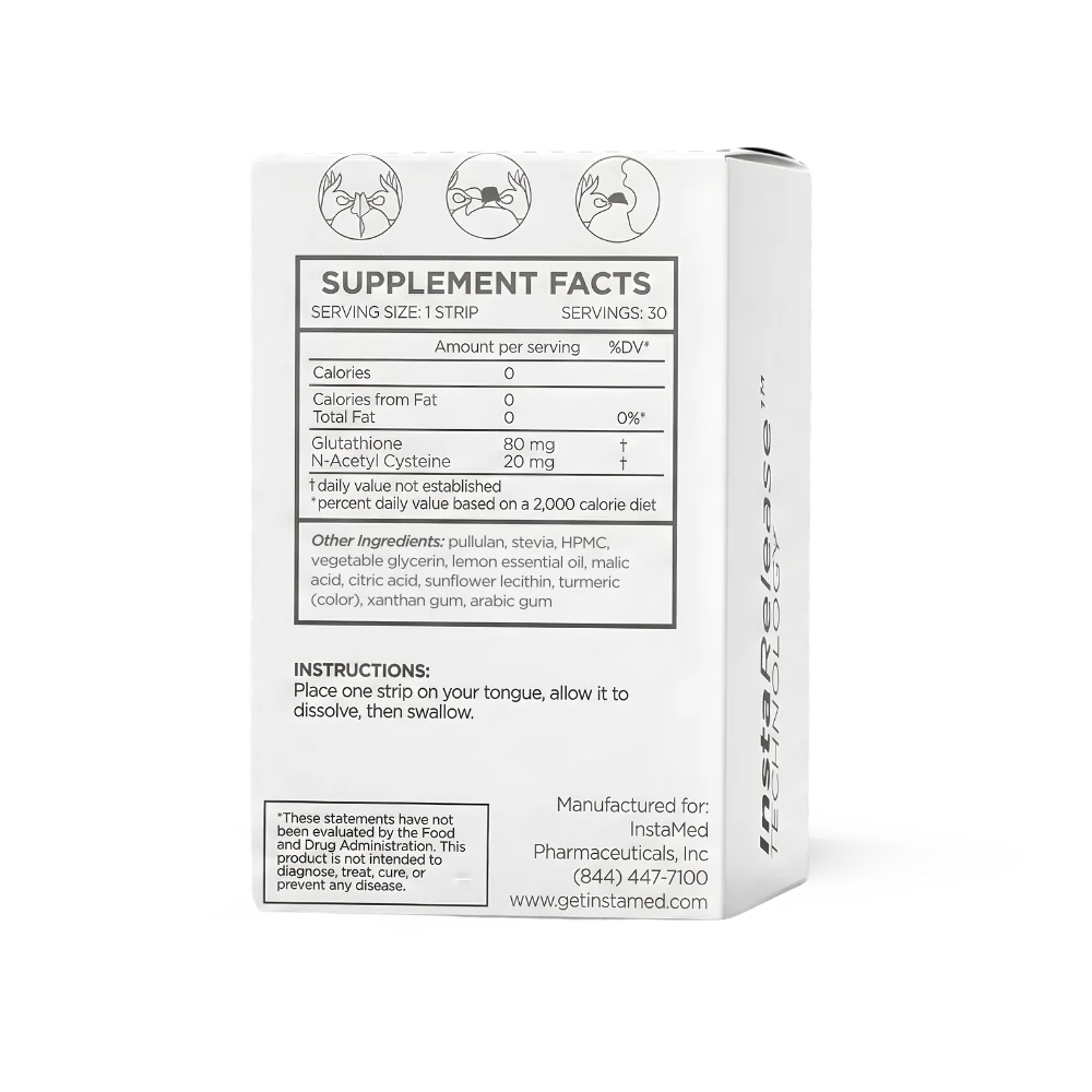 InstaMed Glutathione oral dissolving strips, back of box supplement facts panel, 30 count