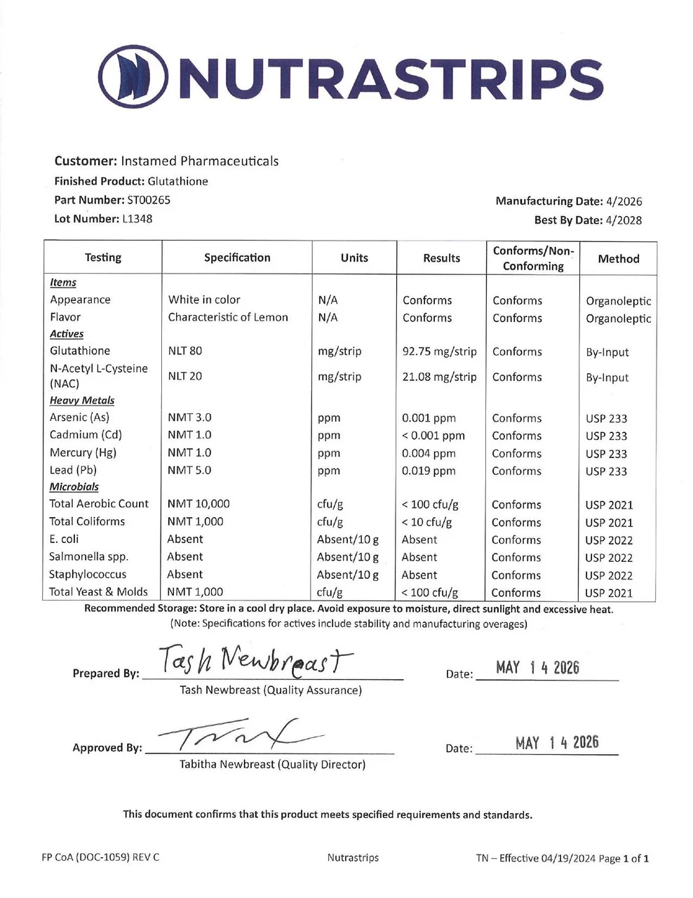 InstaMed Glutathione Certificate of Analysis, Lot L1348