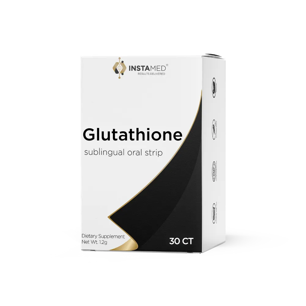 InstaMed Glutathione oral dissolving strips, front of box, 30 count