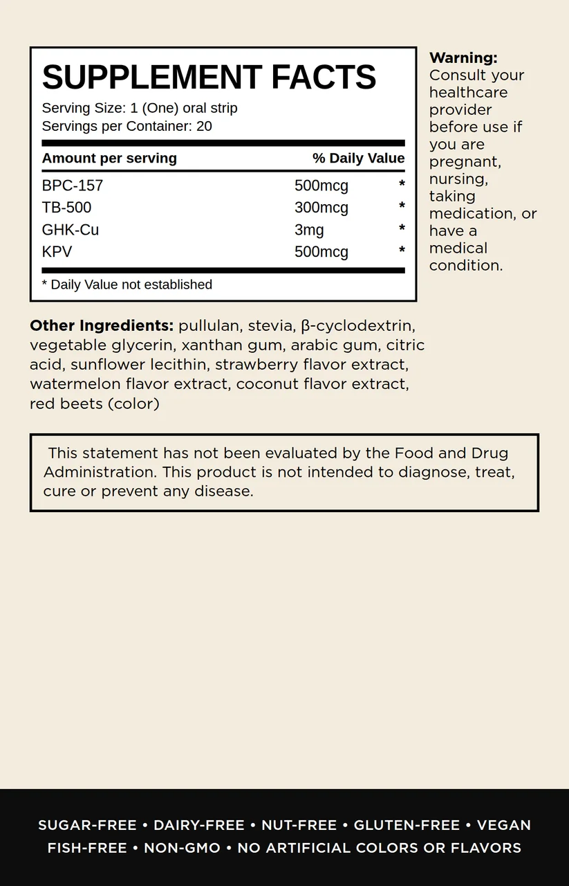 InstaMed KLOW oral dissolving strips, back of box supplement facts panel, 20 count