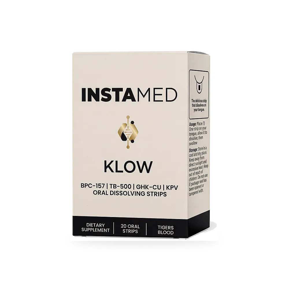 InstaMed KLOW oral dissolving strips, box angled render, 20 count, tigers blood
