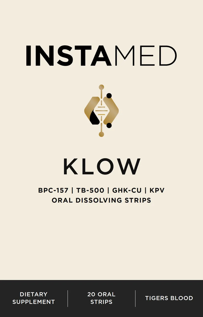 InstaMed KLOW oral dissolving strips, front of box, 20 count, tigers blood