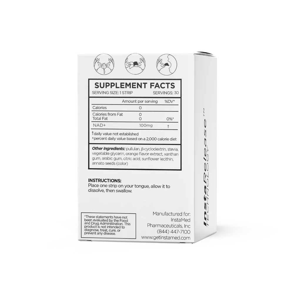 InstaMed NAD+ oral dissolving strips, back of box supplement facts panel, 30 count