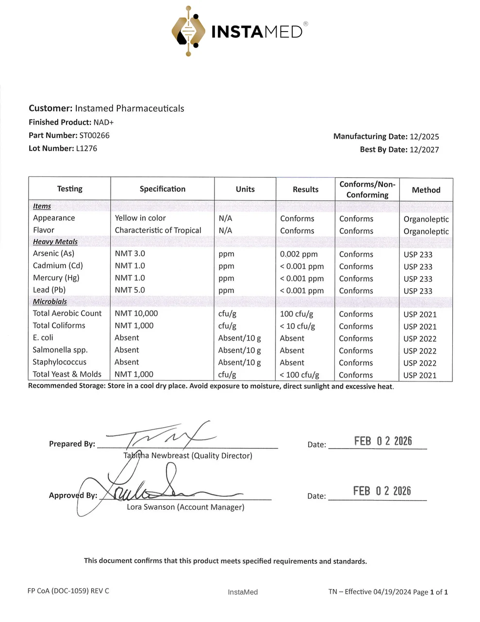 InstaMed NAD+ Certificate of Analysis, Lot L1276