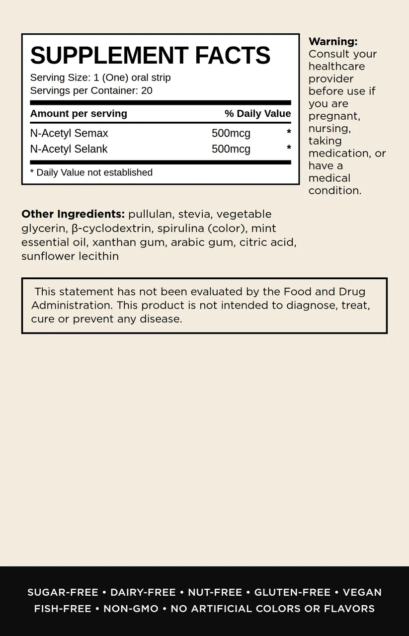 InstaMed NEURO oral dissolving strips, back of box supplement facts panel, 20 count