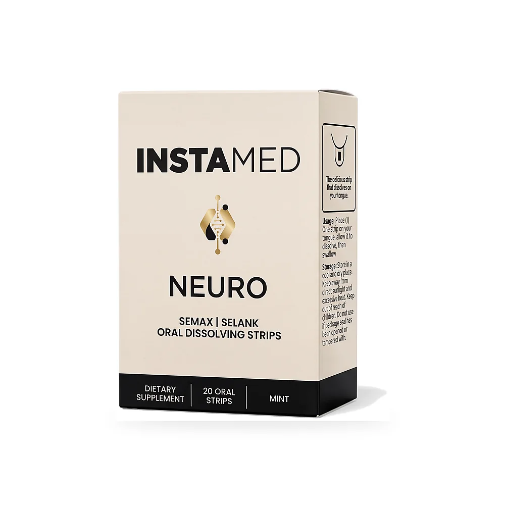 InstaMed NEURO oral dissolving strips, box angled render, 20 count, mint