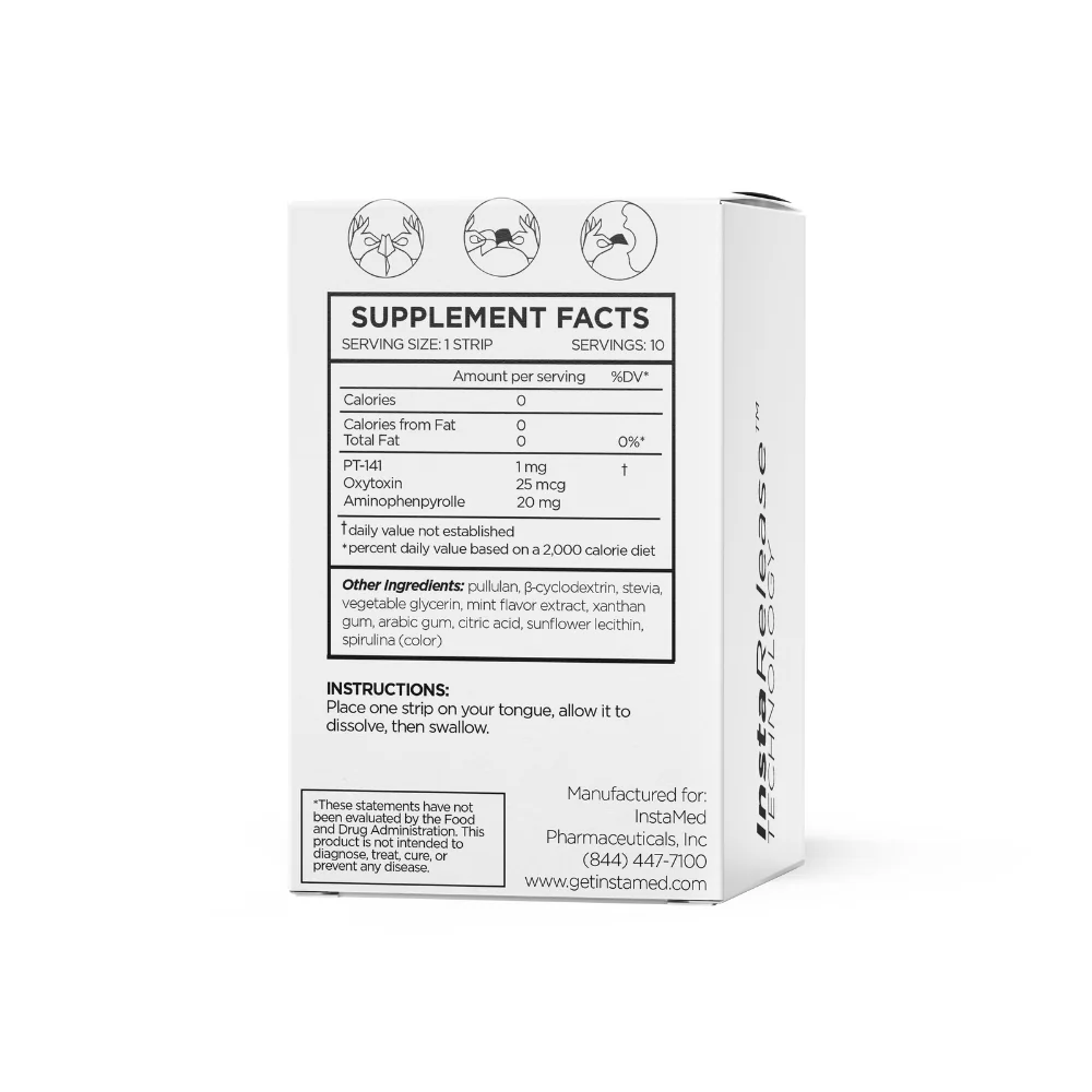 InstaMed PT-141+ oral dissolving strips, back of box supplement facts panel, 10 count