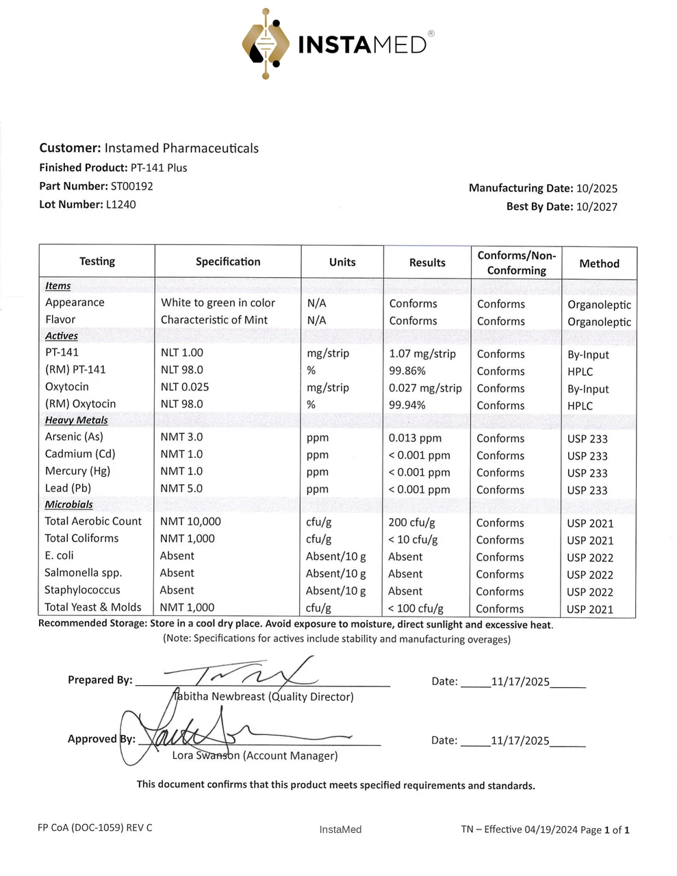 InstaMed PT-141+ Certificate of Analysis