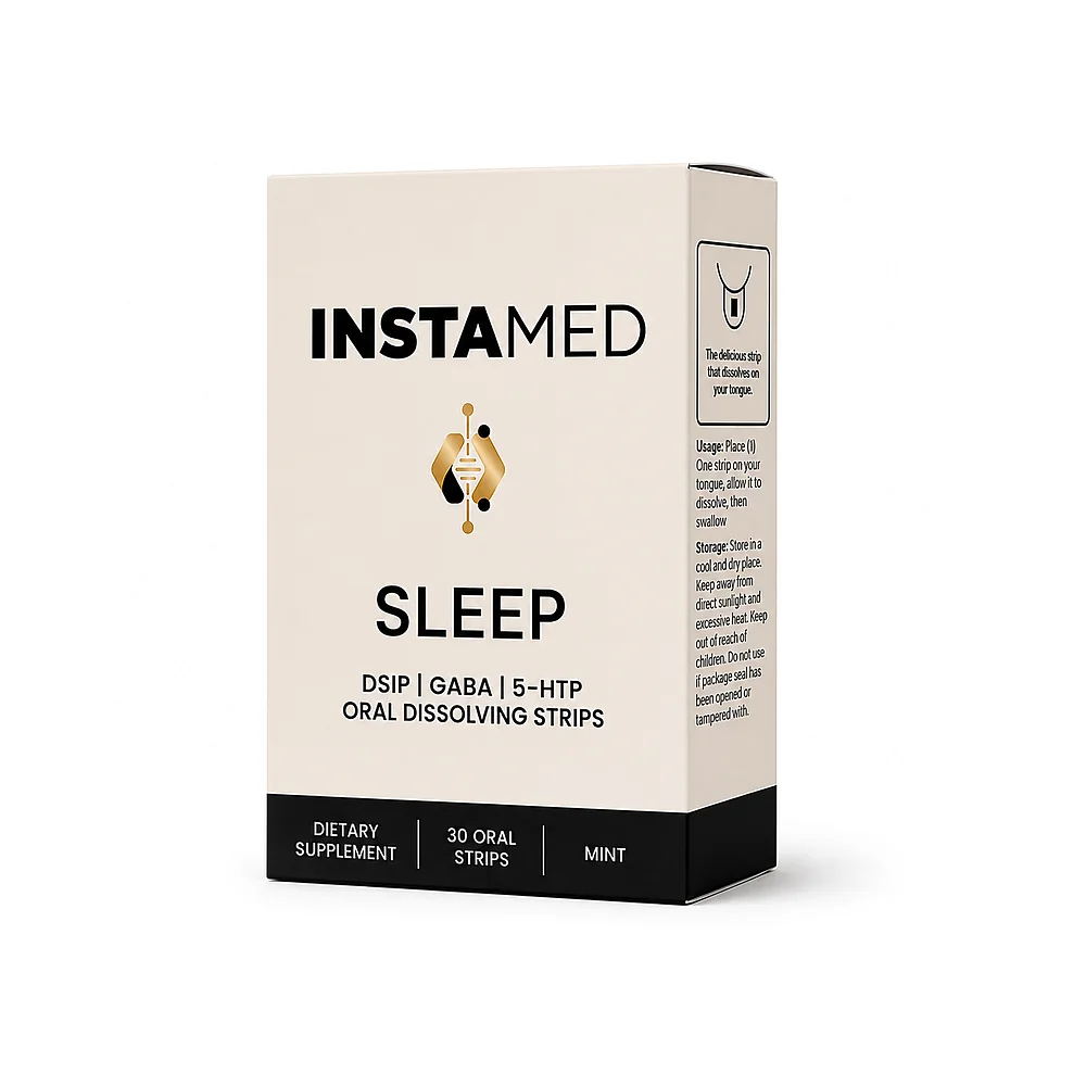 InstaMed SLEEP oral dissolving strips, box angled render, 30 count, mint