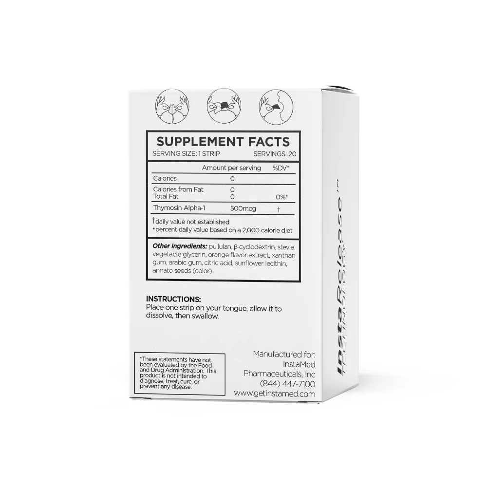 InstaMed Thymosin Alpha-1 oral dissolving strips, back of box supplement facts panel, 20 count