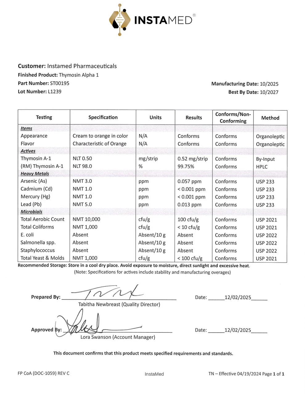 InstaMed Thymosin Alpha-1 Certificate of Analysis, Lot L1239