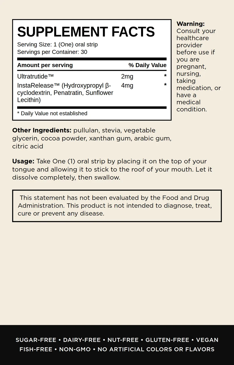 InstaMed ULTRATRUTIDE oral dissolving strips, back of box supplement facts panel, 30 count
