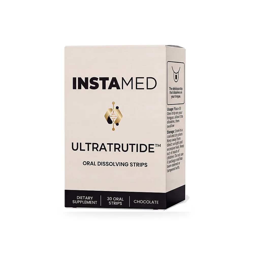 InstaMed ULTRATRUTIDE oral dissolving strips, box angled render, 30 count, chocolate