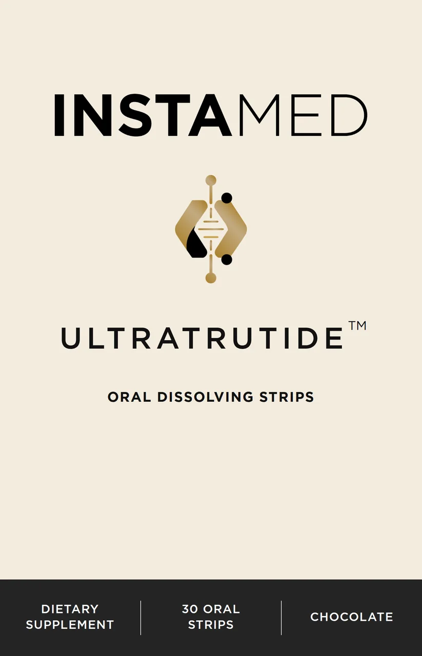 InstaMed ULTRATRUTIDE oral dissolving strips, front of box, 30 count, chocolate